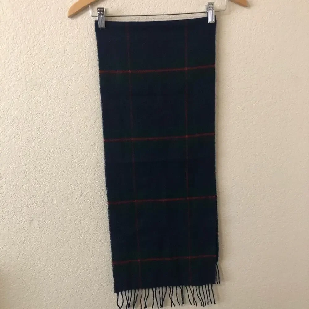 Johnston's of Elgin Scotland Lambswool Blue, Green & Red Plaid Fringe Scarf